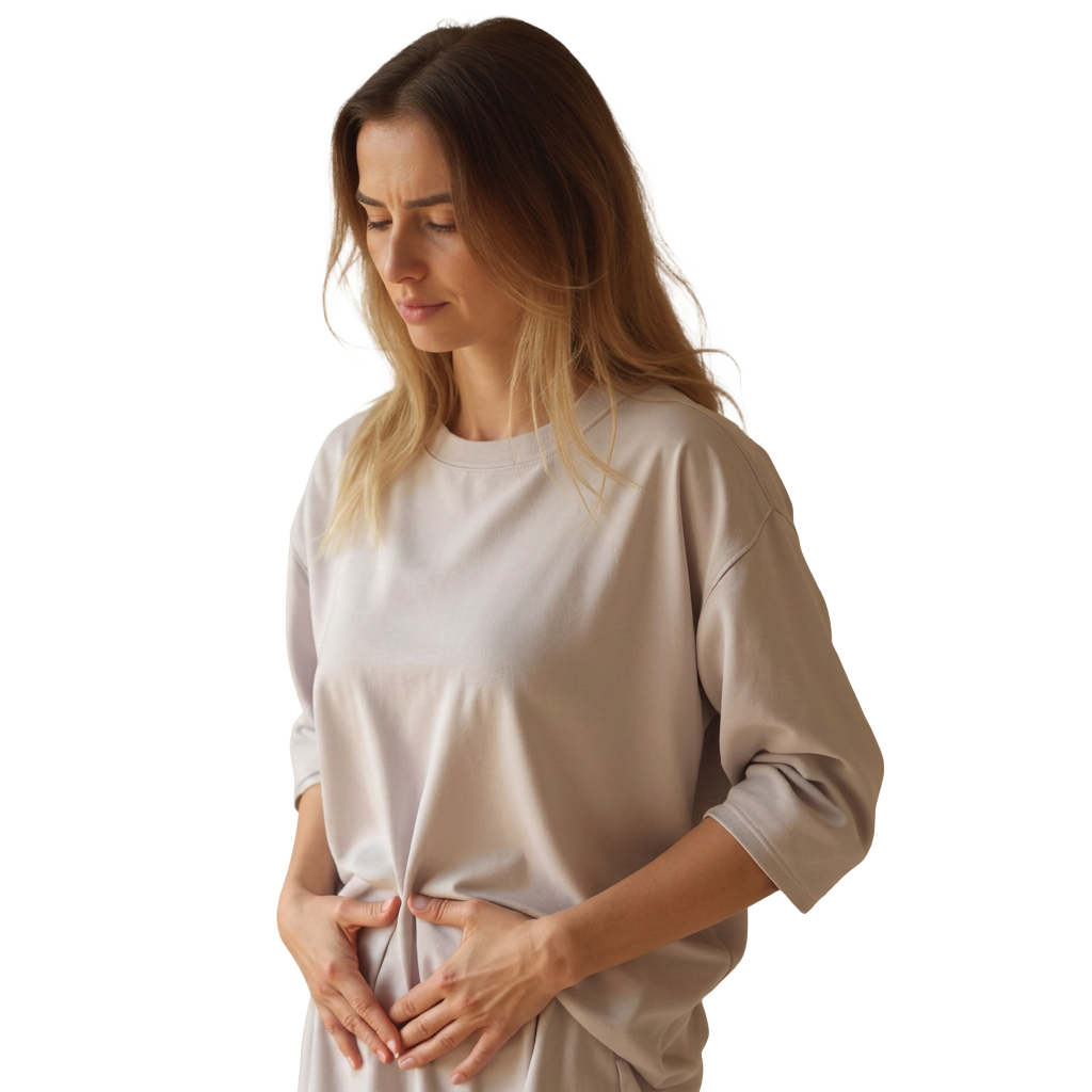 Mulher com expressão de desconforto representando perdas urinárias